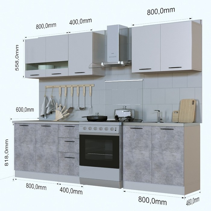 Готовый кухонный гарнитур "Simple 1" 2М (Белый бриллиант/Цемент)